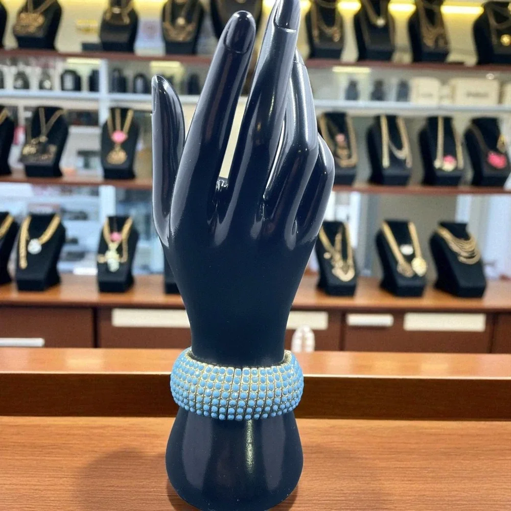 Vintage Blue Rhinestone Stretch Bracelet Bold Statement Jewelry‎ Retro Glam Gift